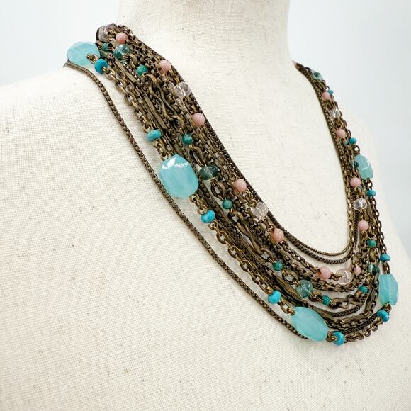Stephen Dweck multi-12 strand pink & blue Beaded Statement Necklace bronze metal - Picture 7 of 11